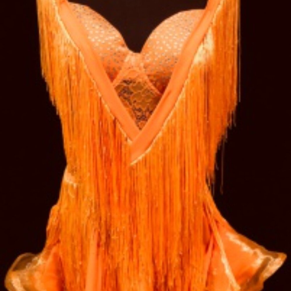 Orange Burst - Rhythm Latin Competition dress, Orange lace bodice w/ long fringe
